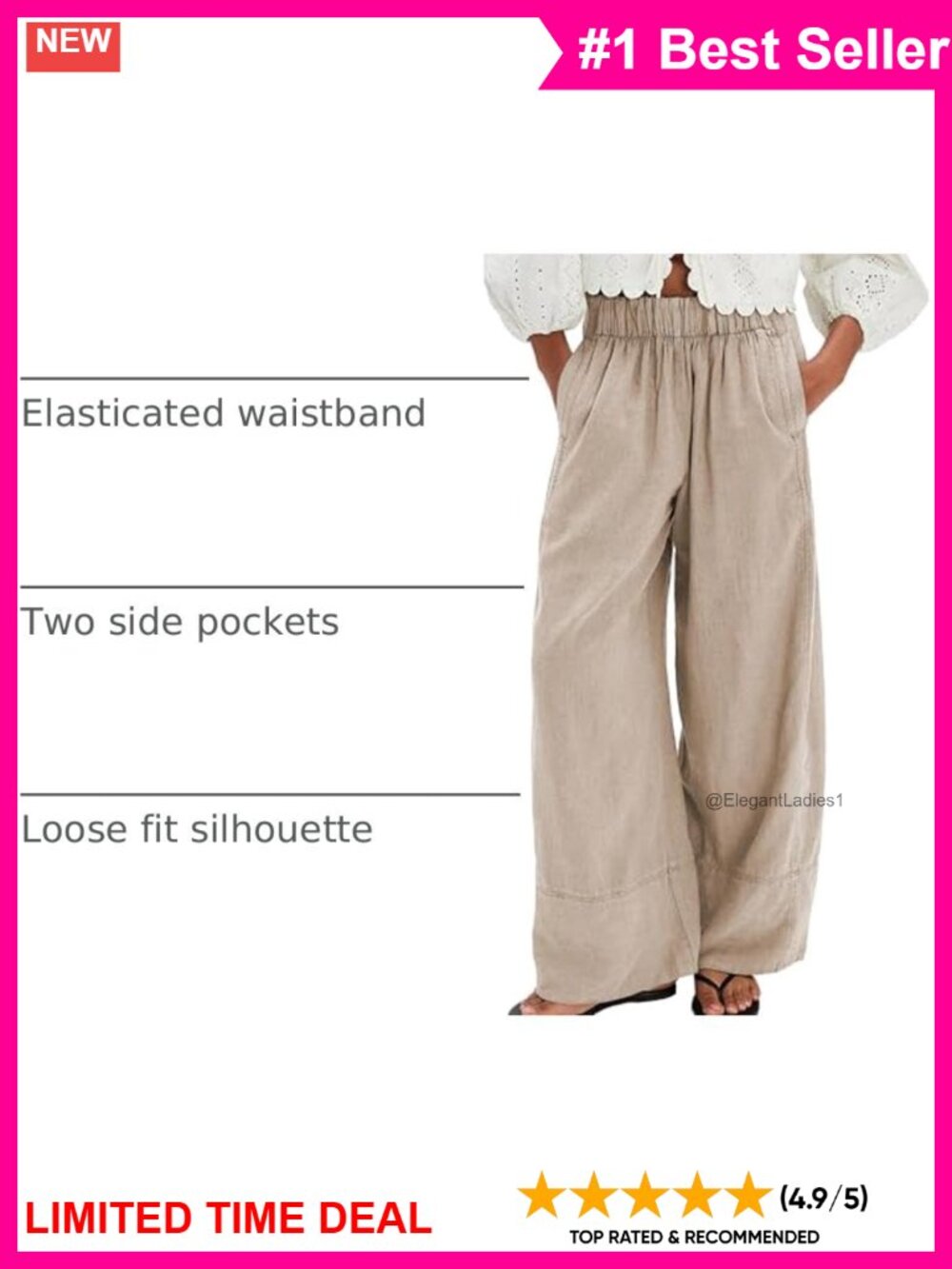 Cotton Linen Wide Leg Palazzo Lounge Trousers Women Pull On - Picture 3 of 6